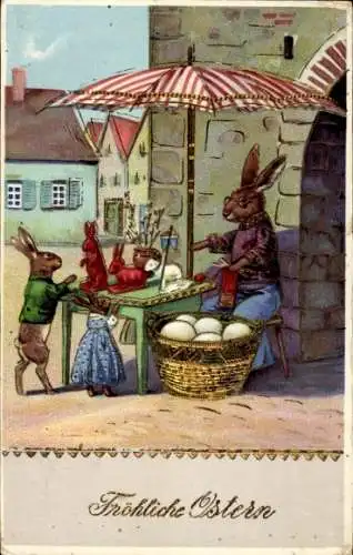 Ak Glückwunsch Ostern, Vermenschlichte Hasen, Marktstand