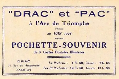 8 AK im Umschlag "Drac et Pac a l'Arc de Triomphe  20 Juni 1926, Pochette Souvenir"