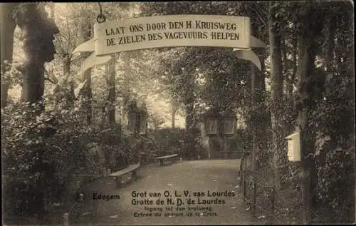 Ak Edegem Edeghem Flandern Antwerpen, Friedhofseingang, Grotte de N. D. de Lourdes