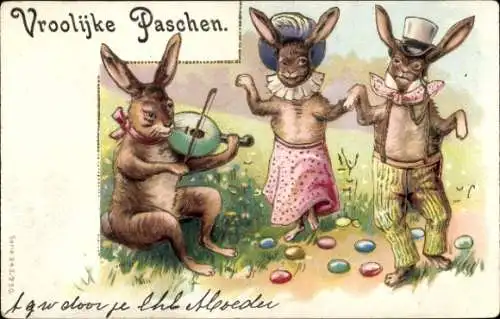 Präge Litho Glückwunsch Ostern, Vermenschlichte tanzende Hasen, Osterei als Geige