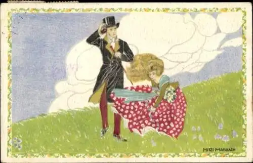 Künstler Ak Marbach, Mitzi, Paar im starken Wind auf einer Wiese