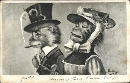 Künstler Ak Boulanger, Maurice, Vermenschlichte Affen, Ankunft in Paris