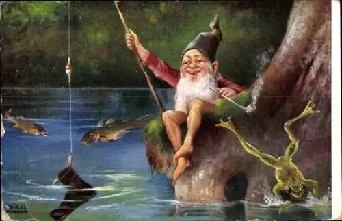 Künstler Ak Zwerg hat einen alten Schuh geangelt, Frosch springt ins Wasser, Karpfen