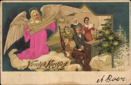 Präge Litho Glückwunsch Weihnachten, Familie singt vorm Tannenbaum, Engel