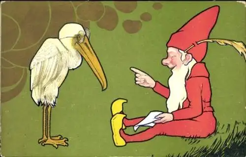 Künstler Ak Zwerg und Pelikan mit Brille