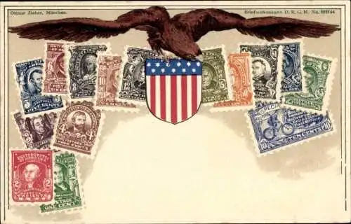 Briefmarken Wappen Litho USA, Eagle, Stars and Stripes, 2 Cents