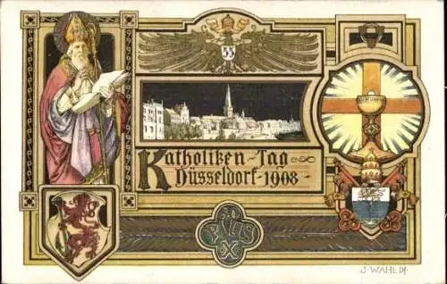 Künstler Wappen Litho Wahl, J., Düsseldorf am Rhein, 55. Deutscher Katholikentag, 1908, Apollinaris