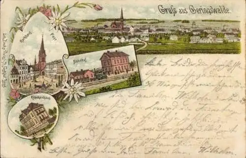 Litho Geringswalde Sachsen, Rathaus, Post, Bahnhof, Krankenhaus