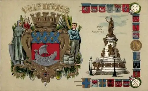 Präge Wappen Litho Paris III., Ville de Paris, Statue de la Republique