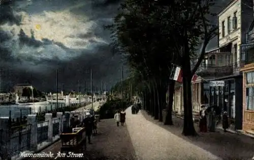 Ak Ostseebad Warnemünde Rostock, Am Strom bei Nacht, Mondschein