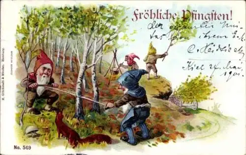 Litho Glückwunsch Pfingsten, Zwerge, Holzfäller, Säge, Eichhörnchen