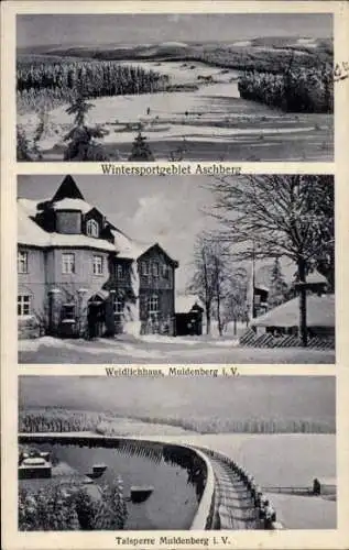 Ak Muldenberg Grünbach im Vogtland, Talsperre, Aschberg, Bahnhofs-Hotel Weidlichhaus, Winter