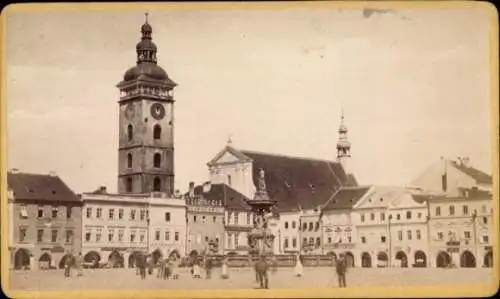 Kabinett Foto České Budějovice Budweis Südböhmen, Marktplatz, Brunnen