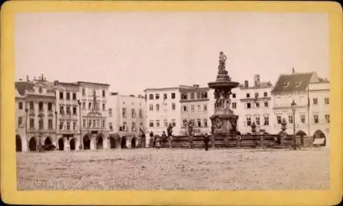 Kabinett Foto České Budějovice Budweis Südböhmen, Marktplatz, Brunnen