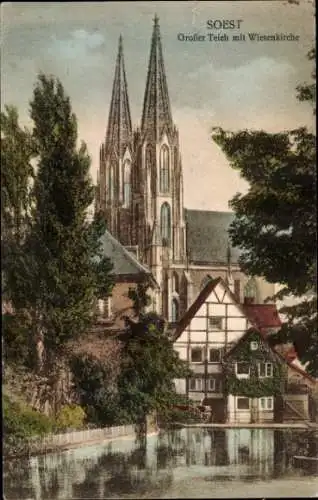 Ak Soest in Westfalen, großer Teich, Wiesenkirche