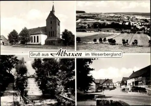 Ak Albaxen Höxter im Weserbergland, Panorama, Kirche, Wasserfall, Straßenansicht