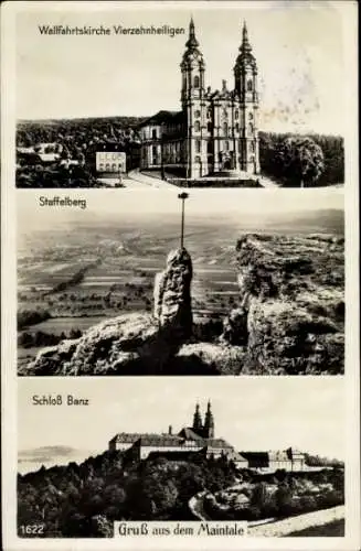 Ak Bad Staffelstein am Main Oberfranken, Schloss Banz, Staffelberg, Wallfahrtskirche Vierzehnheilige