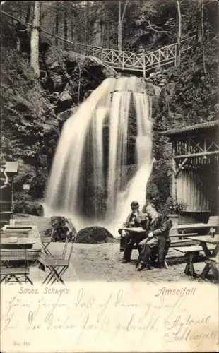 Ak Rathen an der Elbe Sächsische Schweiz, Amselfall, Terrasse, 2 Männer