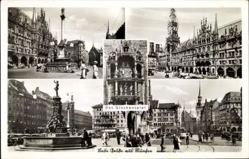 Ak München Bayern, Teilansichten, Glockenspiel, Brunnen, Straßenbahn