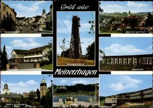 Ak Meinerzhagen im Sauerland, Totalansicht, Sprungschanze, Sportheim, katholische Kirche, Freibad