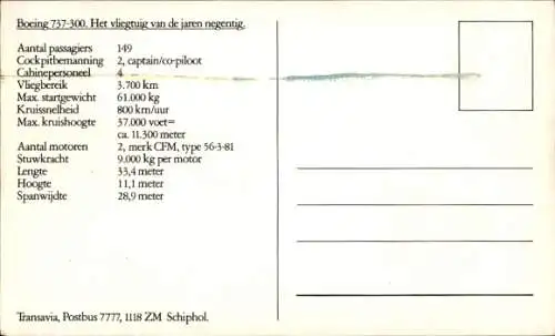 Ak Niederländisches Passagierflugzeug, Boeing 737 300, Transavia