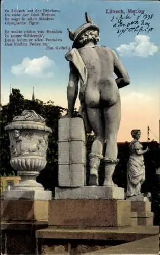 Ak Hansestadt Lübeck, Merkurstatue, Gedicht