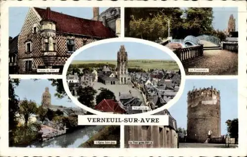 Ak Verneuil sur Avre Eure, Maison de XVIe siecle, Promenades, Kirche Saint Jean, Tour grise, Gesamt