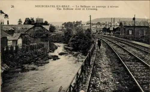 Ak Neufchâtel en Bray Seine Maritime, La Bethune au passage a niveau, Eisenbahnschienen