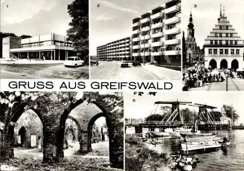 Ak Hansestadt Greifswald, Gaststätte Boddenhus, Dubnaring, Rathaus, Klosterruine, Wiecker Brücke