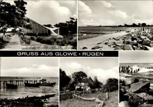 Ak Glowe auf Rügen, Strand, Steg, Boote, Wohnhaus, Brandung