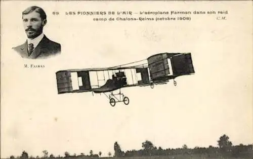 Ak Air Pioneers, Farman-Flugzeug, Lager Chalons-Reims, 1908