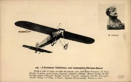 Ak Aviator Védrines, Eindecker Morane Borel