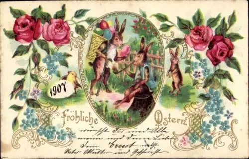 Präge Litho Glückwunsch Ostern, Osterhasen, Blumen, Ostereier, Rosen, Vergissmeinnicht