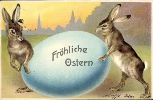 Litho Glückwunsch Ostern, Osterhasen, Ei