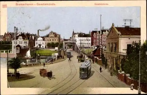 Ak Bremerhaven Geestemünde, Geestebrücke, Straßenbahn