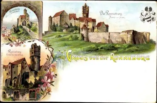 Litho Alt Wiedermus Ronneburg in Hessen, Burg Ronneburg, Vorburg, Ansicht von Süden, innere Burg