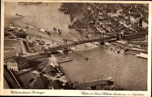 Ak Rüstringen Wilhelmshaven, Hafen mit Kaiser Wilhelm Brücke aus der Vogelschau