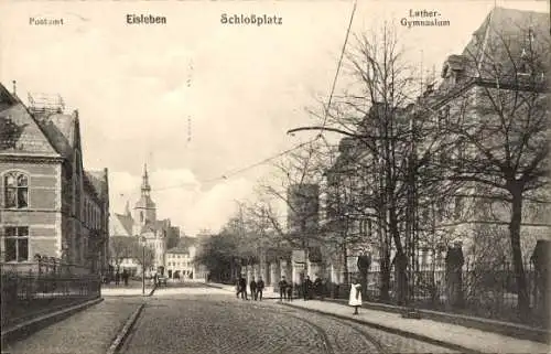 Ak Lutherstadt Eisleben in Sachsen Anhalt, Kaiserl. Postamt, Schlossplatz, Luther Gymnasium