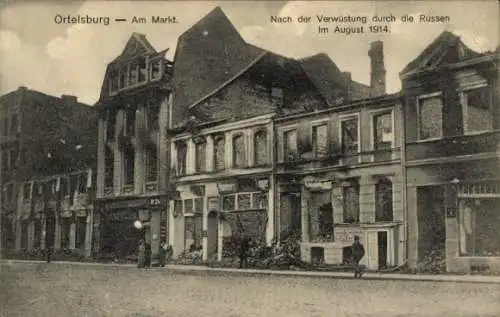 Ak Szczytno Ortelsburg Ostpreußen, Am Markt nach der Verwüstung durch die Russen, 1914