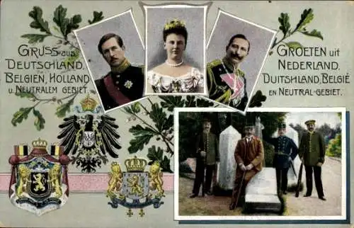 Wappen Ak Grenze, Vierländerblick, Deutschland, Belgien, Holland, Neutrales Gebiet, Wilhelm II