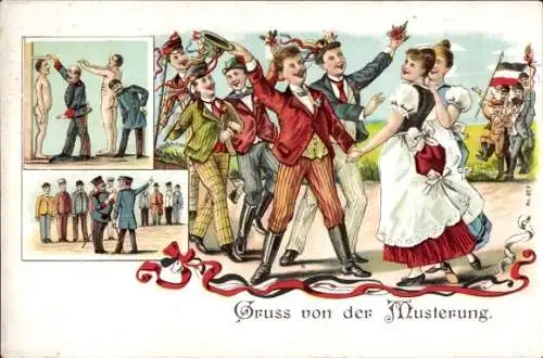 Litho Gruß von der Musterung, Feier, Frauen, Inspektion