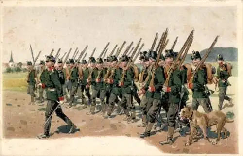 Litho Deutsche Soldaten auf dem Marsch, Hund