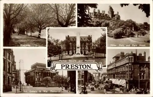 Ak Preston Lancashire England, Marktplatz, Denkmal, Kunstgalerie, Miller Park, Park Hotel