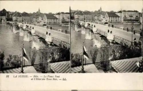 Stereo Ak Bâle Basel Stadt Schweiz, Le Vieux Pont et l'Hotel des Trois Rois