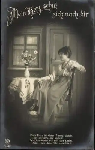  Set von 6 AK , Mein Herz sehnt sich nach dir ，eine Frau sitzt am Tisch mit Blumen