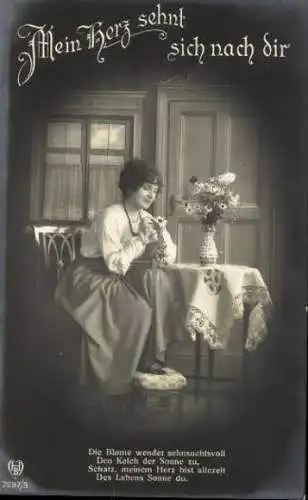  Set von 6 AK , Mein Herz sehnt sich nach dir ，eine Frau sitzt am Tisch mit Blumen