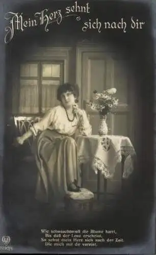  Set von 6 AK , Mein Herz sehnt sich nach dir ，eine Frau sitzt am Tisch mit Blumen