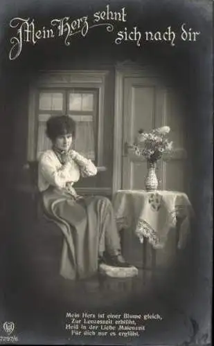  Set von 6 AK , Mein Herz sehnt sich nach dir ，eine Frau sitzt am Tisch mit Blumen