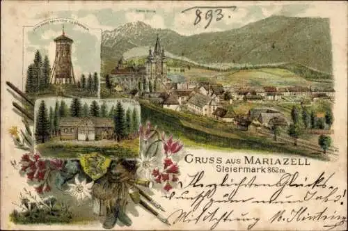 Vorläufer Litho Mariazell Steiermark, Bürgeralpe, Erzh. Franz Karls Höhe, Schützenhaus, Wappen