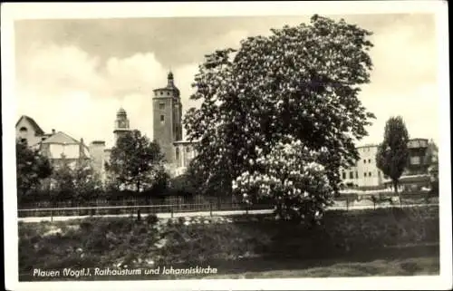 Ak Plauen im Vogtland, Rathausturm und Johanniskirche